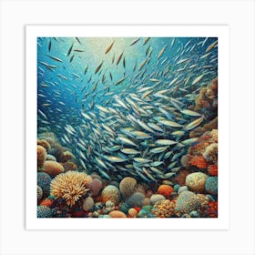 Sardines Gathering Around A Coral Reef In A Vibrant Mosaic, Style Digital Mosaic Art Print