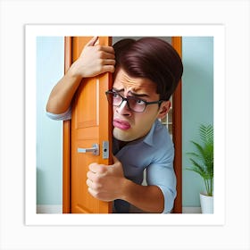 A Person With A Giant Head Trying To Fit Through A Door Frame And Getting Stuck, Looking Panicked 1 Art Print