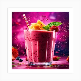 Smoothie With Berries On Pink Background Art Print