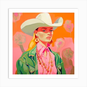 Abstract Pink Green Cowgirl Portrait Art Print