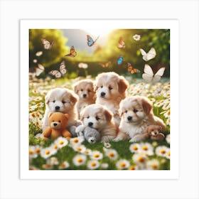 Golden Retriever Puppies In The Meadow Art Print