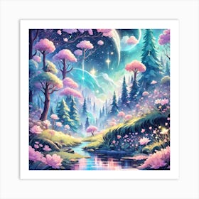 A Fantasy Forest With Twinkling Stars In Pastel Tone Square Composition 322 Art Print