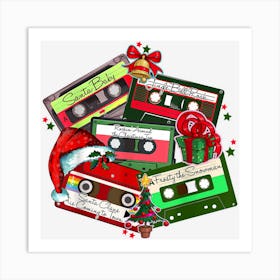 Retro Christmas 90s Music Cassette Tapes Santa Hat Xmas Art Print