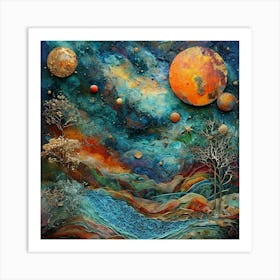 Fantastical Surreal Landscape With Vibrant Colors And Planets Art Print