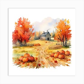 Farmhouse And  Pumpkin Patch In Watercolour Art Print