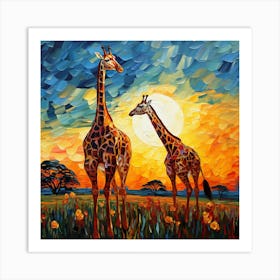 Giraffes At Sunset 4 Art Print