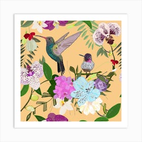 Orchid, Alstromerias And Cute Humming Birds Pattern Square Art Print