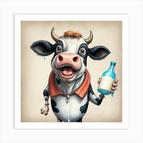 Cartoon Cow Holding A Bottle Of Milk Art Print