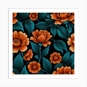 Orange Flowers On A Black Background Art Print