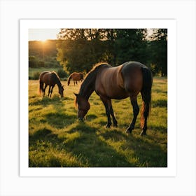 Leonardo Kino Xl Horses Graze On Grass At Sunset 0 Art Print