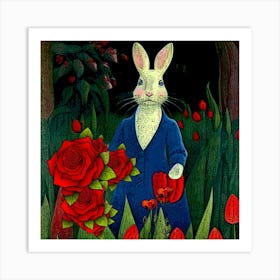 Rabbit In Blue Coat w Red Flowers Art Print