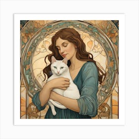 Woman with her Beloved Cat in Style of Art Nouveau 3 Art Print