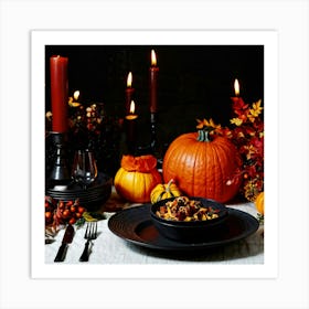 Autumnal Table Setting Cradling A Half Carved Roasted Pumpkin Candlelight Flickering Within Casting (2) Art Print