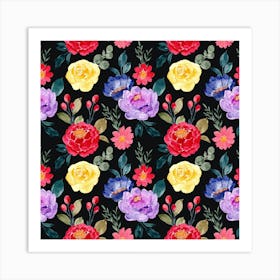 Vibrant and Chic: Free Seamless Watercolor Floral Pattern on Black Background for Your Creative Projects Art Print