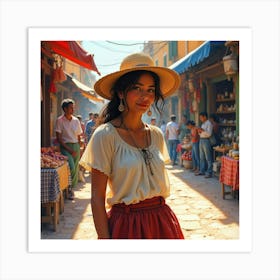 Spanish Woman In A Lively Bazaar, Watercolor With Colorful Vibrancy 1 Art Print