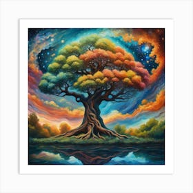 Cosmic Tree of Seasons - Multicolored Foliage Canvas Art | Mystical Sky Landscape Home Decor Print Art Print