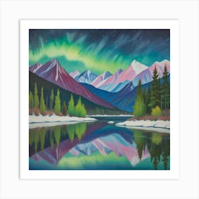 Aurora Over Snow Capped Peaks A Tranquil Mountain Reflection (7) Art Print