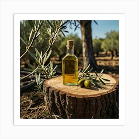 Olive Oil Bottle On A Stump Art Print