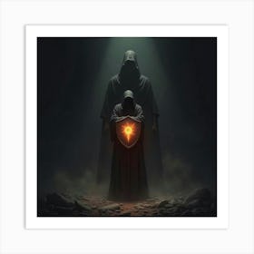 A Glowing Rune Covered Shield Standing Before A Dark, Shadowy Figure 1 Art Print