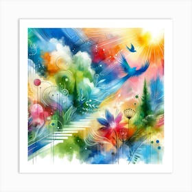 Watercolor Of Flowers And Birds Art Print