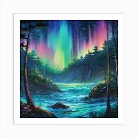 Enchanted Northern Lights Over Serene Forest River at Twilight Art Print