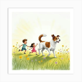 Lively Jack Russell Terrier And A Family Playing In A Watercolor Meadow 1 Art Print