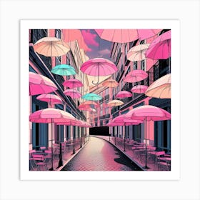Pink Umbrellas In The Street Art Print