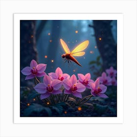 A Glowing Firefly Hovering Over A Bed Of Vibrant Orchids, In A Mystical Twilight Forest Art Print