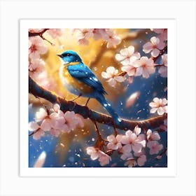 Blue Bird, Raindrops and Cherry Blossom Art Print