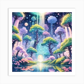 A Fantasy Forest With Twinkling Stars In Pastel Tone Square Composition 312 Art Print