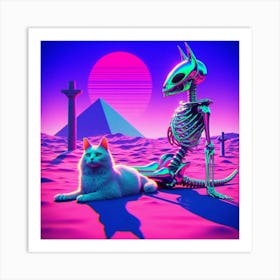 Cat And Skeleton In The Desert Art Print