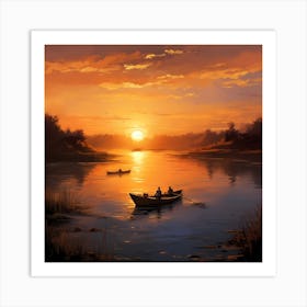 Rowing On Sunset Lake Art Print