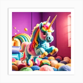 Cute rainbow bicorn In A Room full of yarn balls. Art Print