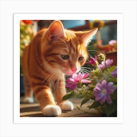 Cat Sniffing Flowers 1 Art Print