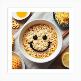 A bowl of instant noodles with a smiley face made of seaweed. Art Print