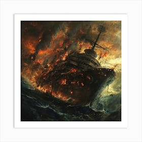 Battleship In Flames Art Print