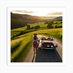 Woman Driving A Vintage Car Art Print