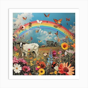 Cow & Butterflies Rainbow Floral Collage Art Print