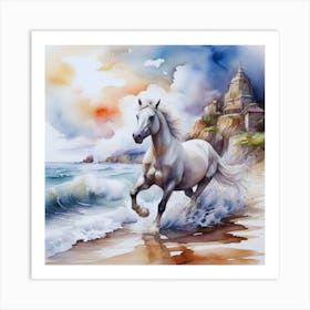 Horse On The Beach Watercolor Painting Art Print