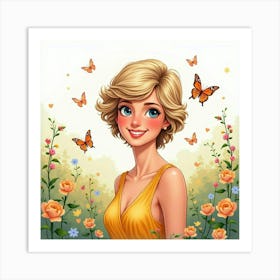 Princess Diana Smiling In A Watercolor Field With Butterflies And Flowers 1 Art Print