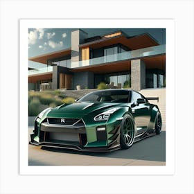 Green Nissan GTR With Full Body Kit In Front Of Modern House Art Print