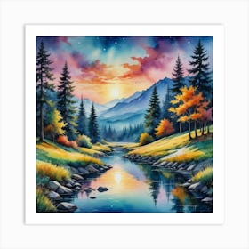 Illuminated Creeks in a Majestic Mountain Realm Sunset By The River Art Print