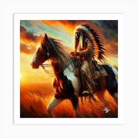 Oil Texture Native American Indian Riding On Prarie 4 Art Print