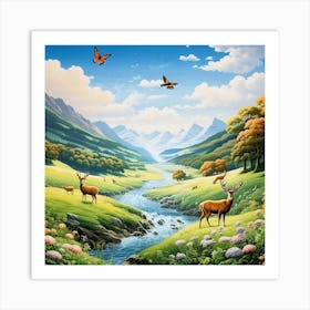 A Landscape Of Grass Eating Deer Next To The Valley Birds Butterflies And The Sky Is Clear Art Print