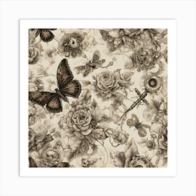 Roses And Butterflies Art Print