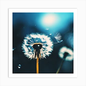 Floating White Dandelion Seeds and Water Droplets against Blue Art Print