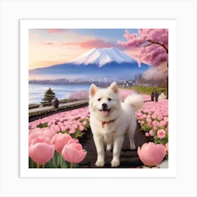 Pomeranian Dog In Pink Flowers Art Print