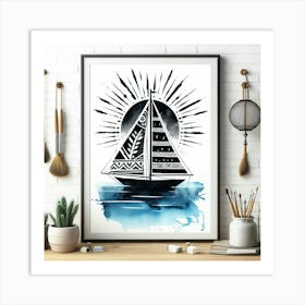 Boho art Silhouette of Sailboat 1 Art Print