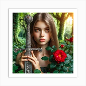 Young Woman With A Sword In The Forest Art Print