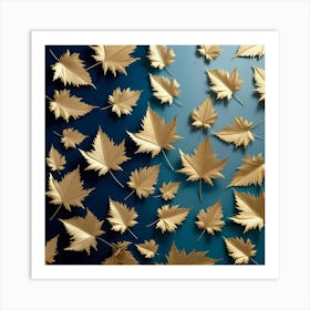 Autumn Leaves On Blue Background Art Print